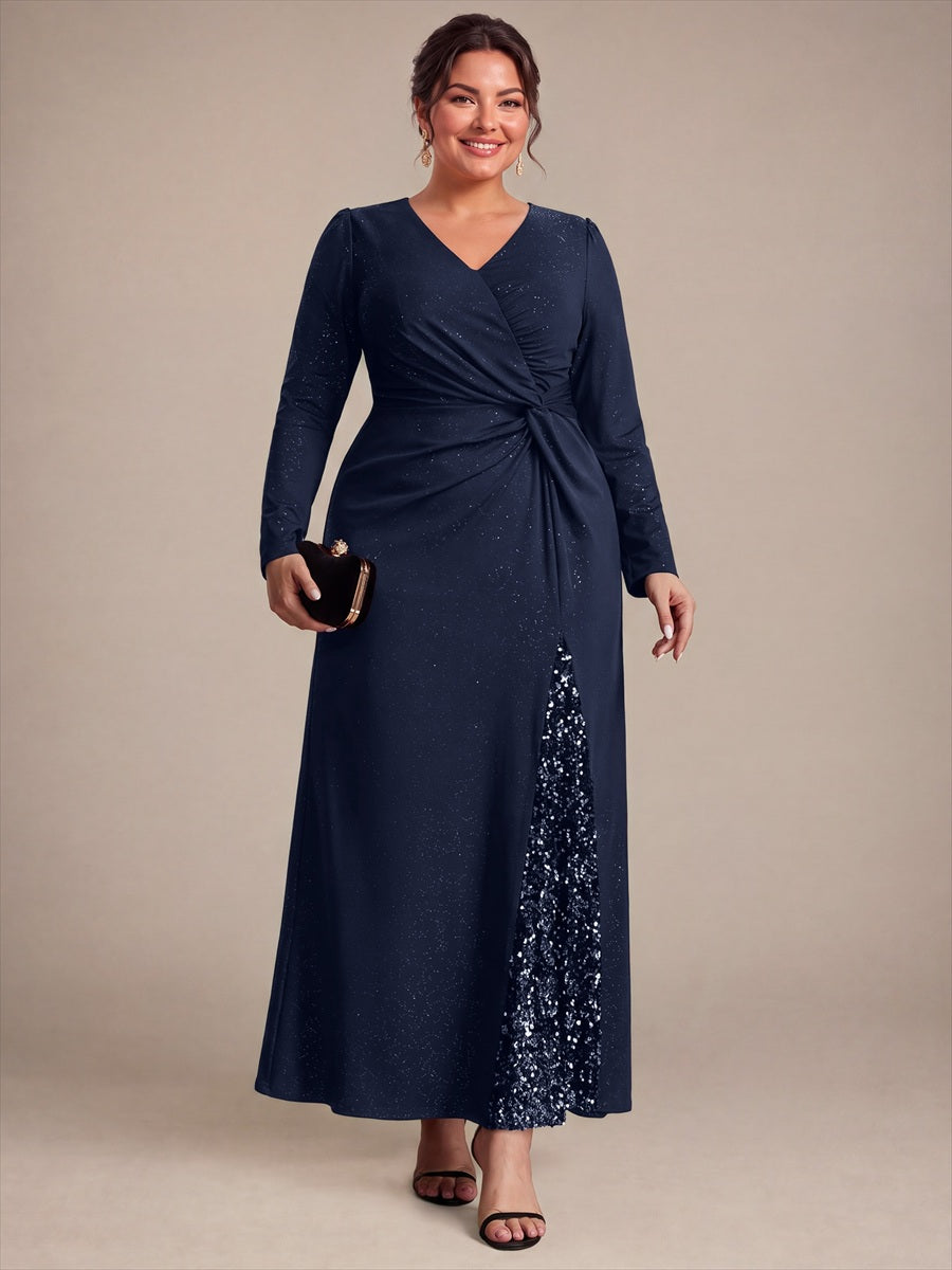 Robe maxi bodycon à manches longues en V avec sequins et fermeture éclair au dos #Couleur_Bleu Marine