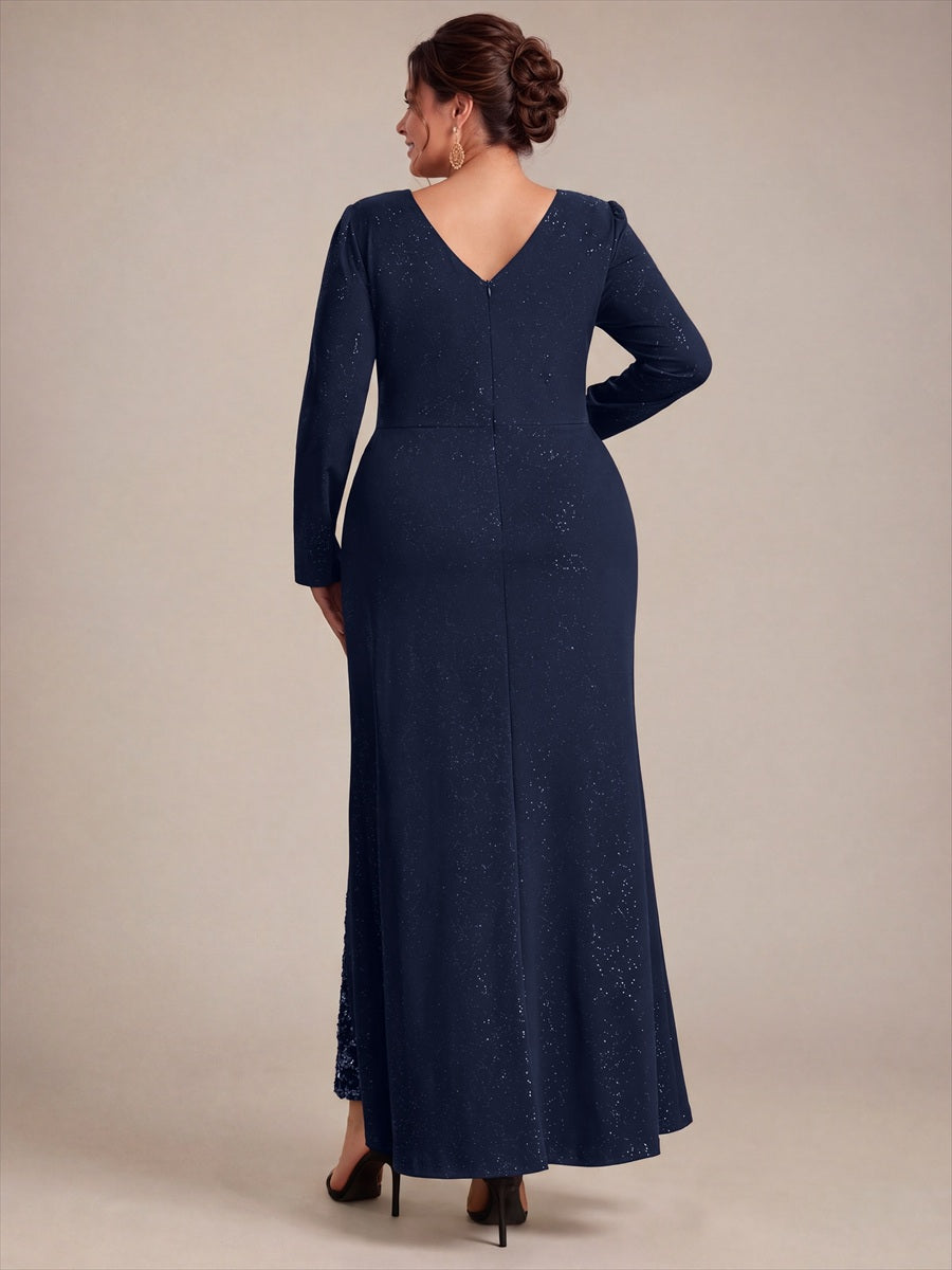 Robe maxi bodycon à manches longues en V avec sequins et fermeture éclair au dos #Couleur_Bleu Marine