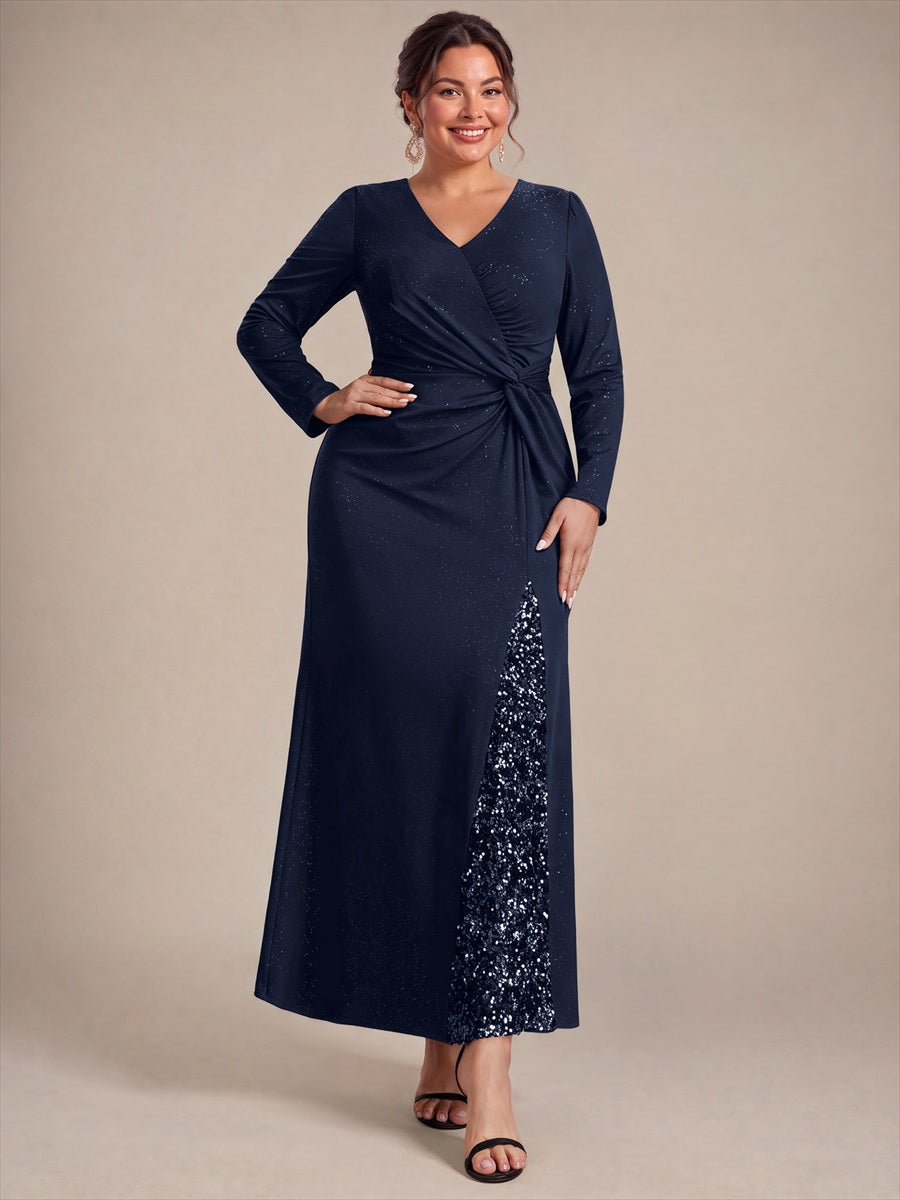 Robe maxi bodycon à manches longues en V avec sequins et fermeture éclair au dos #Couleur_Bleu Marine
