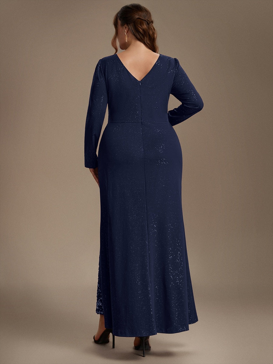 Robe maxi bodycon à manches longues en V avec sequins et fermeture éclair au dos #Couleur_Bleu Marine