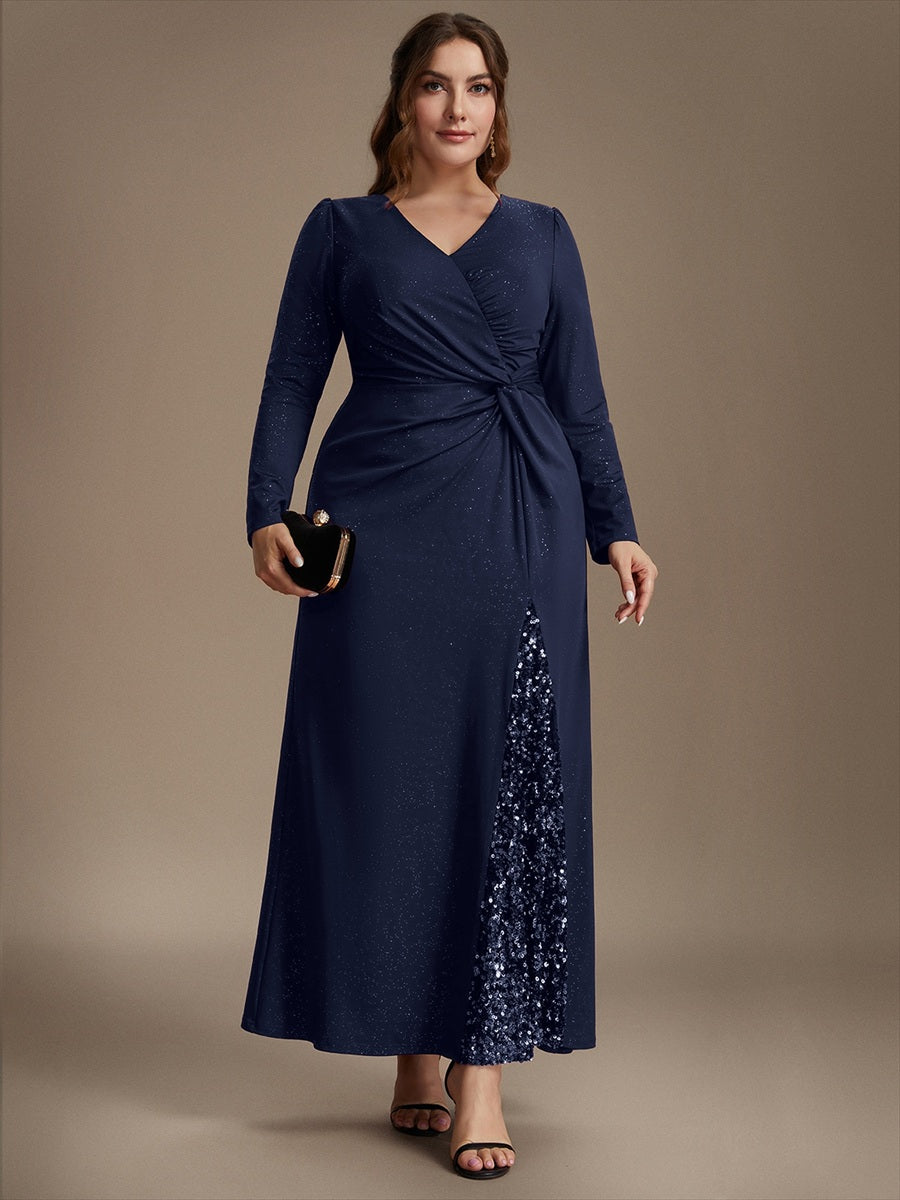 Robe maxi bodycon à manches longues en V avec sequins et fermeture éclair au dos #Couleur_Bleu Marine