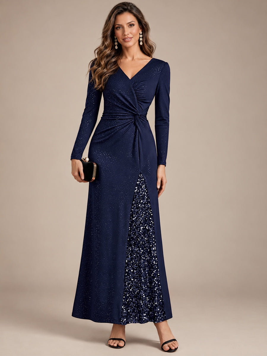 Robe maxi bodycon à manches longues en V avec sequins et fermeture éclair au dos #Couleur_Bleu Marine