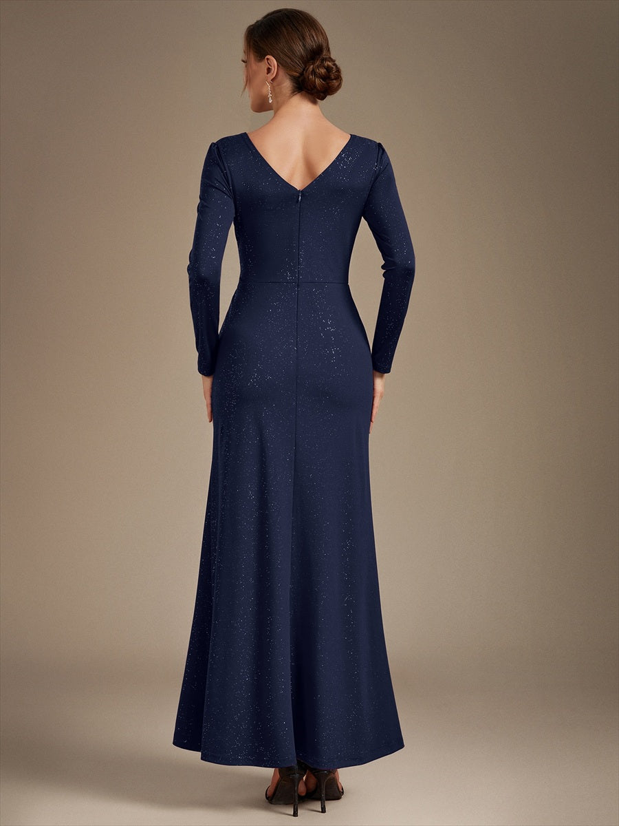 Robe maxi bodycon à manches longues en V avec sequins et fermeture éclair au dos #Couleur_Bleu Marine