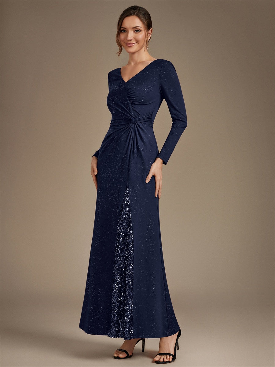 Robe maxi bodycon à manches longues en V avec sequins et fermeture éclair au dos #Couleur_Bleu Marine