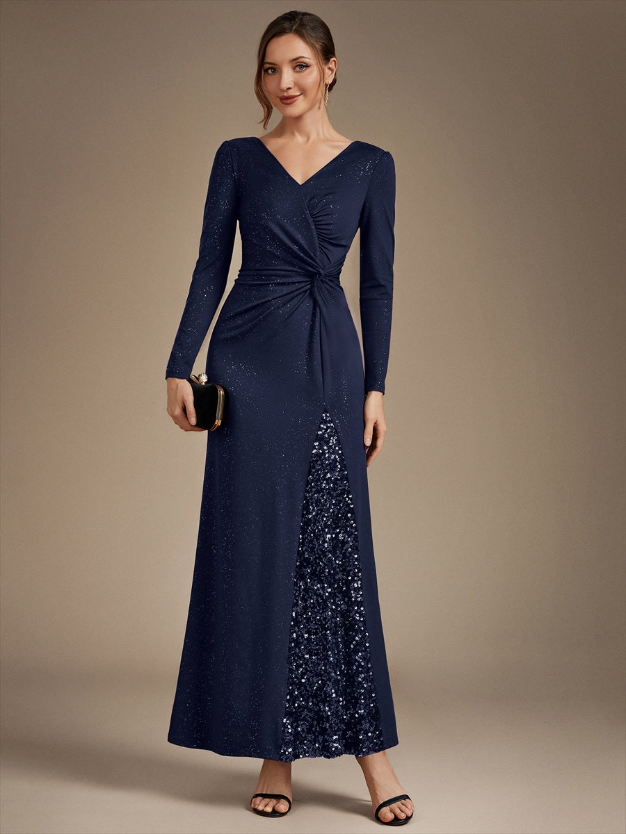 Robe maxi bodycon à manches longues en V avec sequins et fermeture éclair au dos #Couleur_Bleu Marine