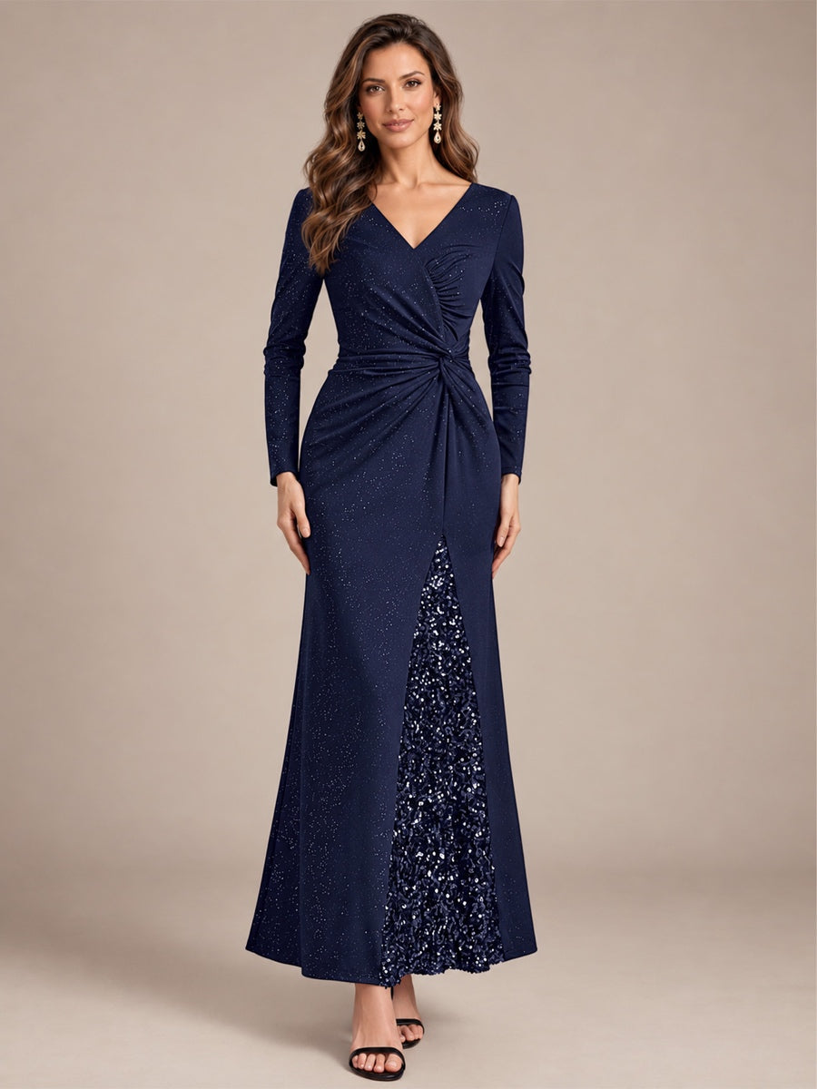 Robe maxi bodycon à manches longues en V avec sequins et fermeture éclair au dos #Couleur_Bleu Marine