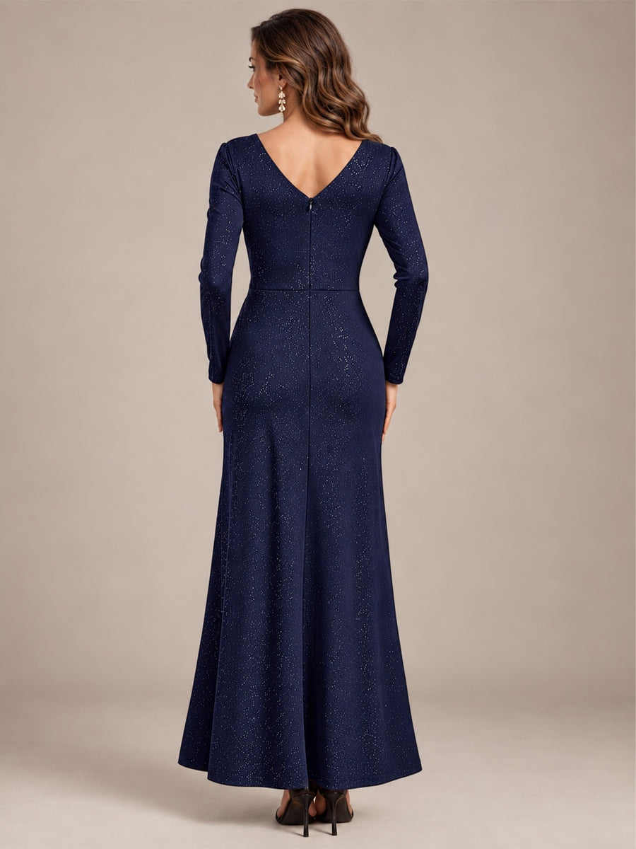Robe maxi bodycon à manches longues en V avec sequins et fermeture éclair au dos #Couleur_Bleu Marine