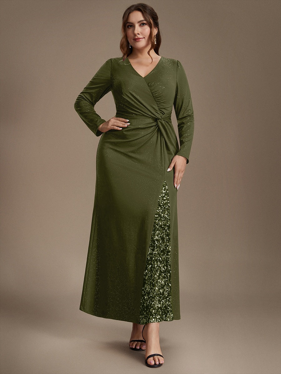 Robe maxi bodycon à manches longues en V avec sequins et fermeture éclair au dos #Couleur_Vert Olive