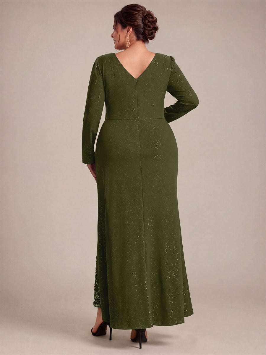 Robe maxi bodycon à manches longues en V avec sequins et fermeture éclair au dos #Couleur_Vert Olive