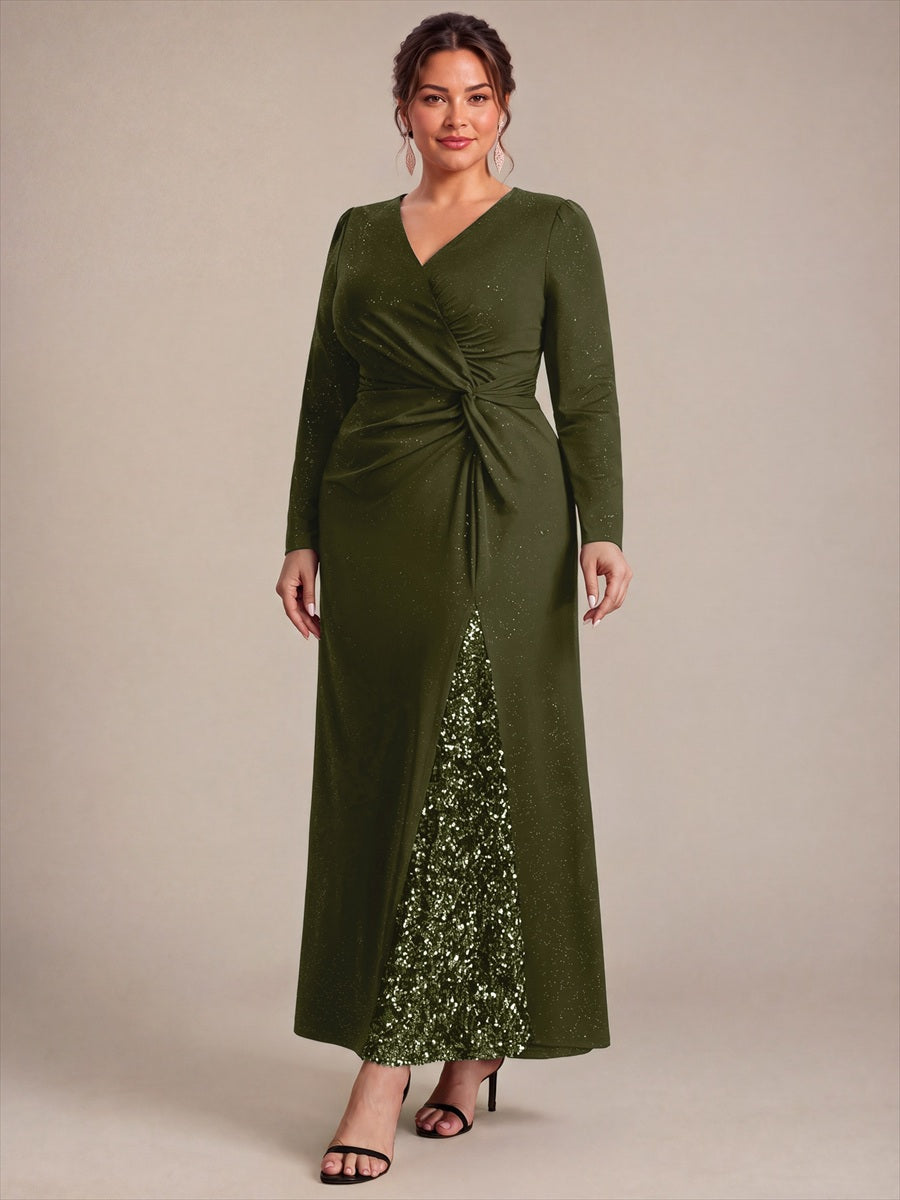 Robe maxi bodycon à manches longues en V avec sequins et fermeture éclair au dos #Couleur_Vert Olive