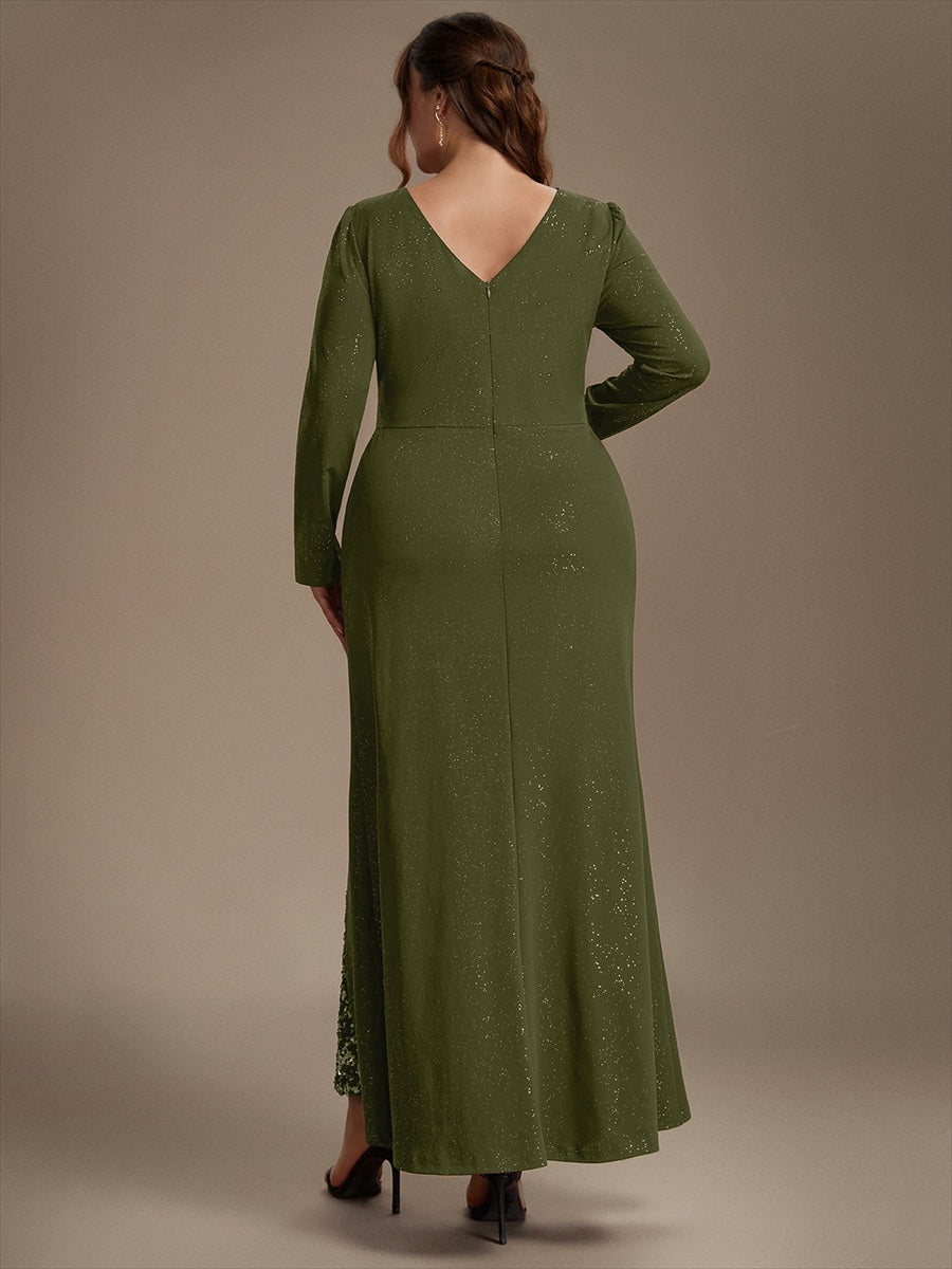 Robe maxi bodycon à manches longues en V avec sequins et fermeture éclair au dos #Couleur_Vert Olive