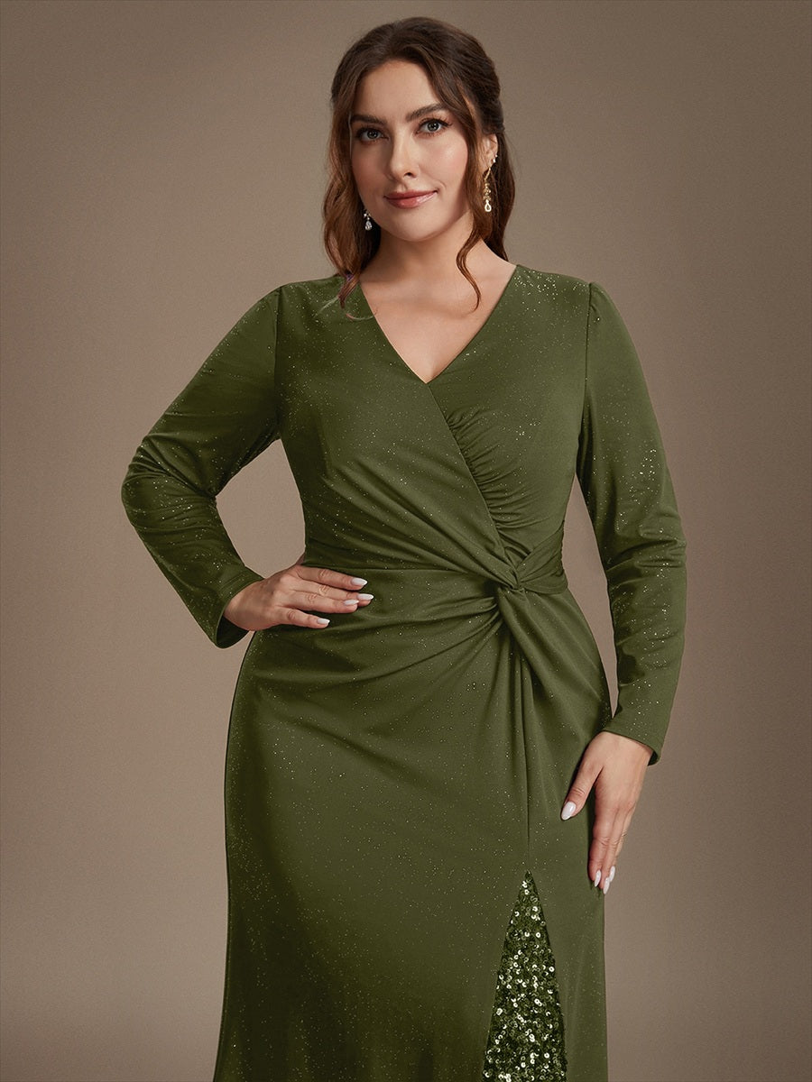 Robe maxi bodycon à manches longues en V avec sequins et fermeture éclair au dos #Couleur_Vert Olive
