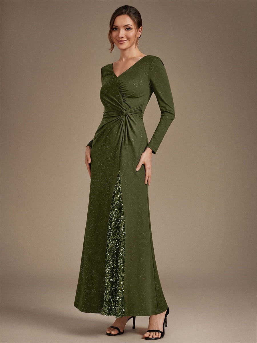Robe maxi bodycon à manches longues en V avec sequins et fermeture éclair au dos #Couleur_Vert Olive