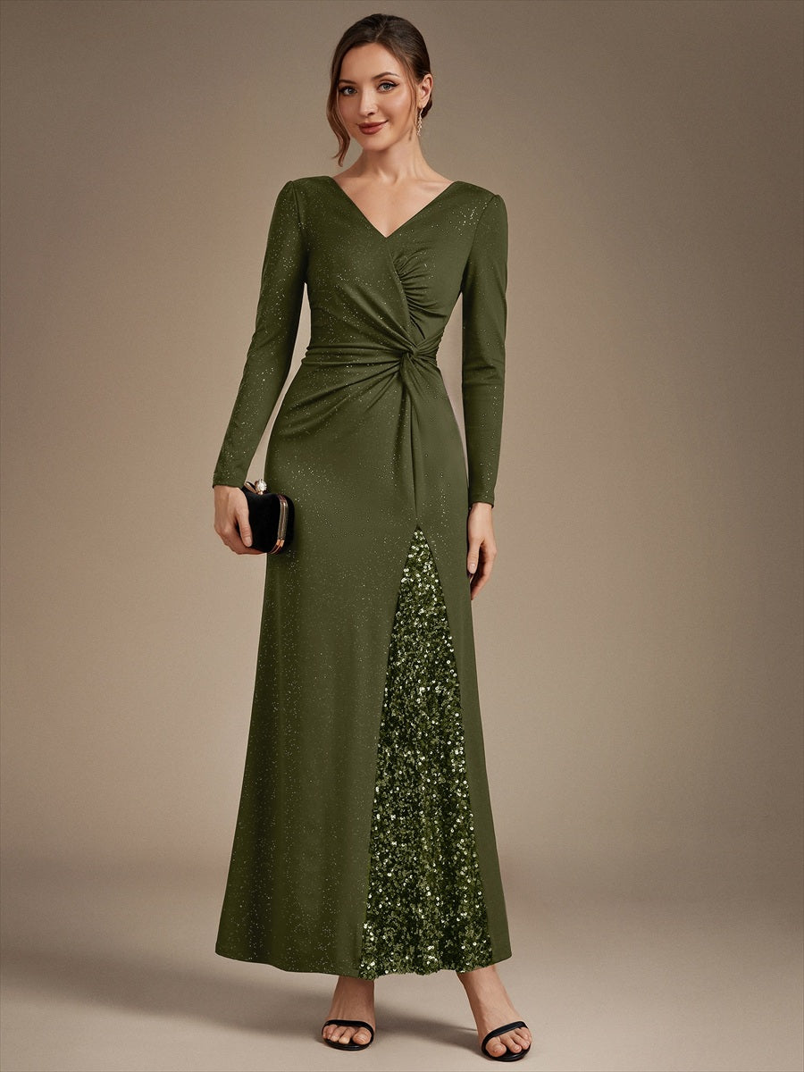 Robe maxi bodycon à manches longues en V avec sequins et fermeture éclair au dos #Couleur_Vert Olive
