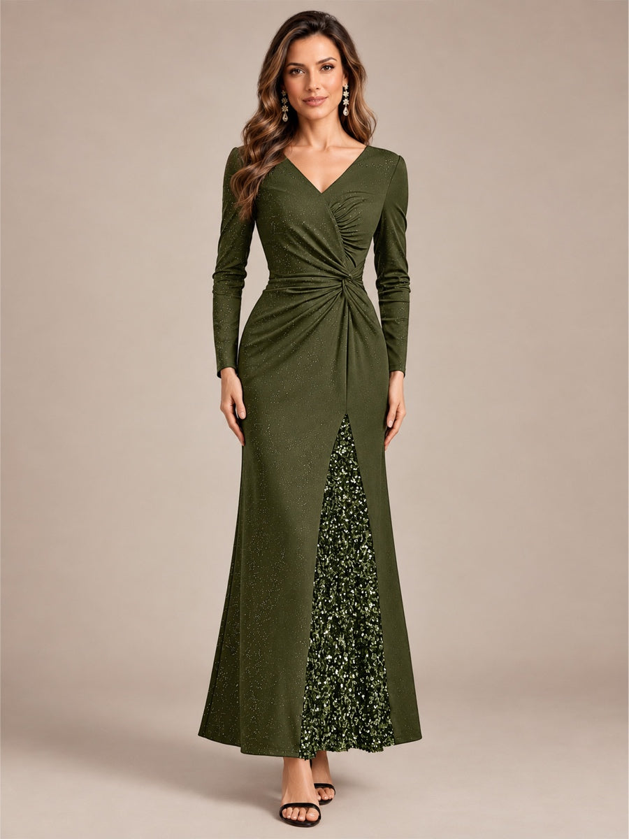 Robe maxi bodycon à manches longues en V avec sequins et fermeture éclair au dos #Couleur_Vert Olive