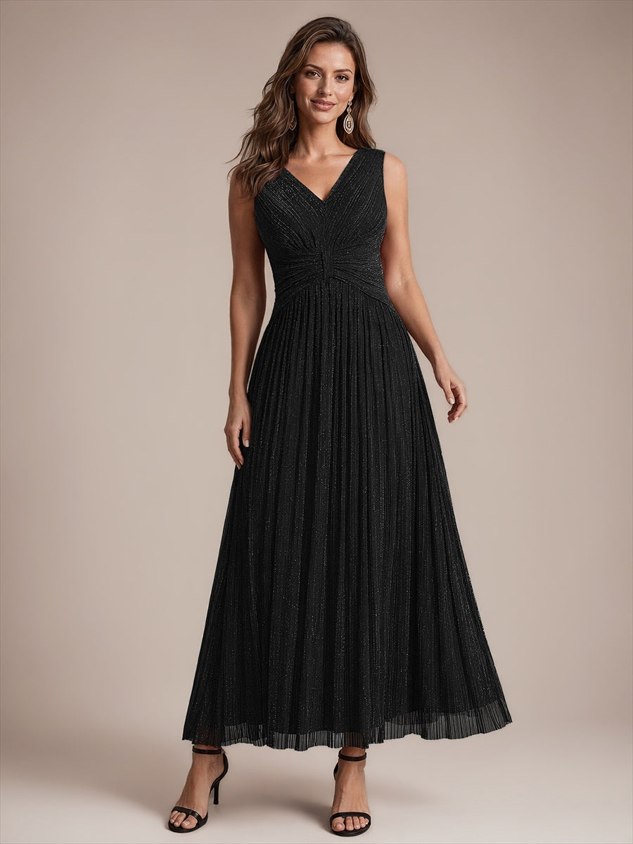 Robe longue évasée sans manches décolletée en V très extensible #Couleur_Noir