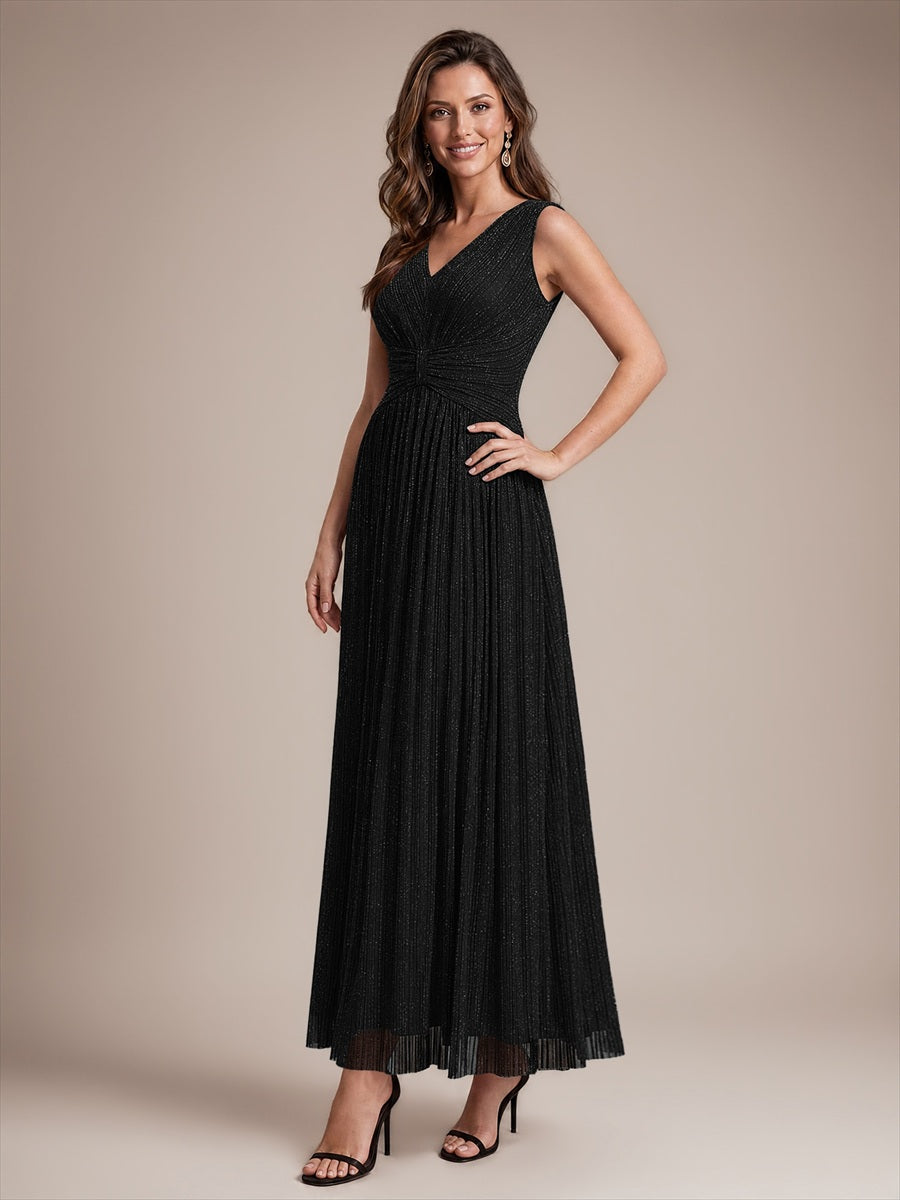 Robe longue évasée sans manches décolletée en V très extensible #Couleur_Noir
