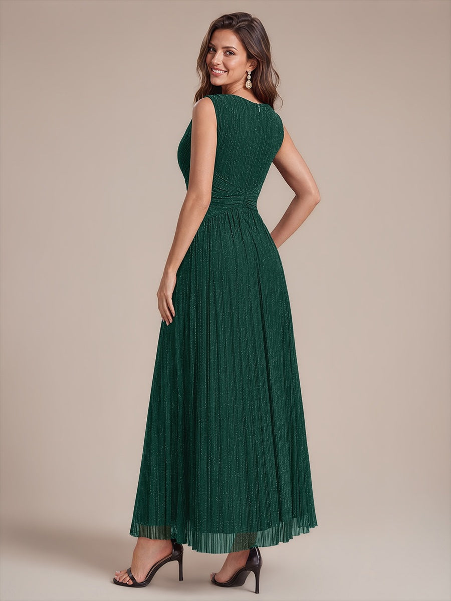 Robe longue évasée sans manches décolletée en V très extensible #Couleur_Vert Fonce