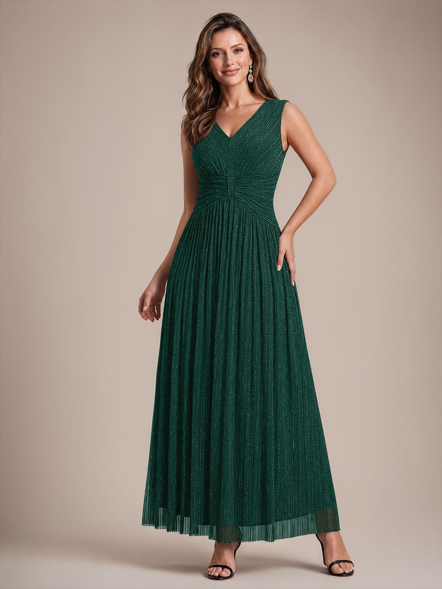 Robe longue évasée sans manches décolletée en V très extensible #Couleur_Vert Fonce