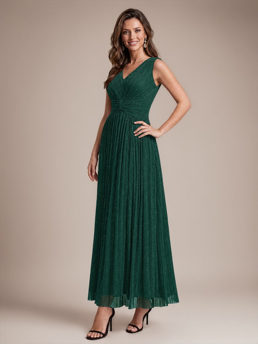 Robe longue évasée sans manches décolletée en V très extensible #Couleur_Vert Fonce