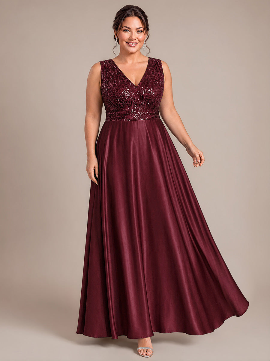 Robe A-Line sans manches à décolleté en V maxi longueur avec fermeture éclair au dos en sequins #Couleur_Bordeaux