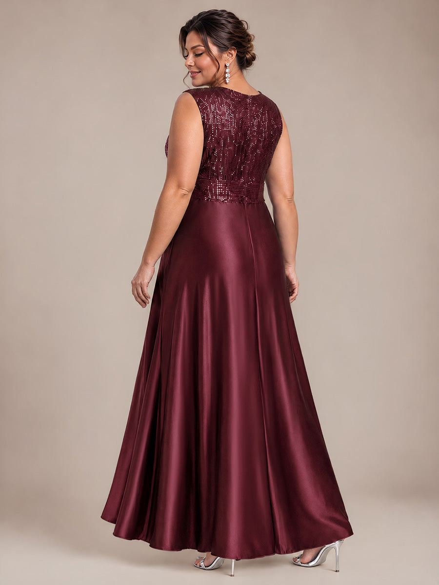 Robe A-Line sans manches à décolleté en V maxi longueur avec fermeture éclair au dos en sequins #Couleur_Bordeaux