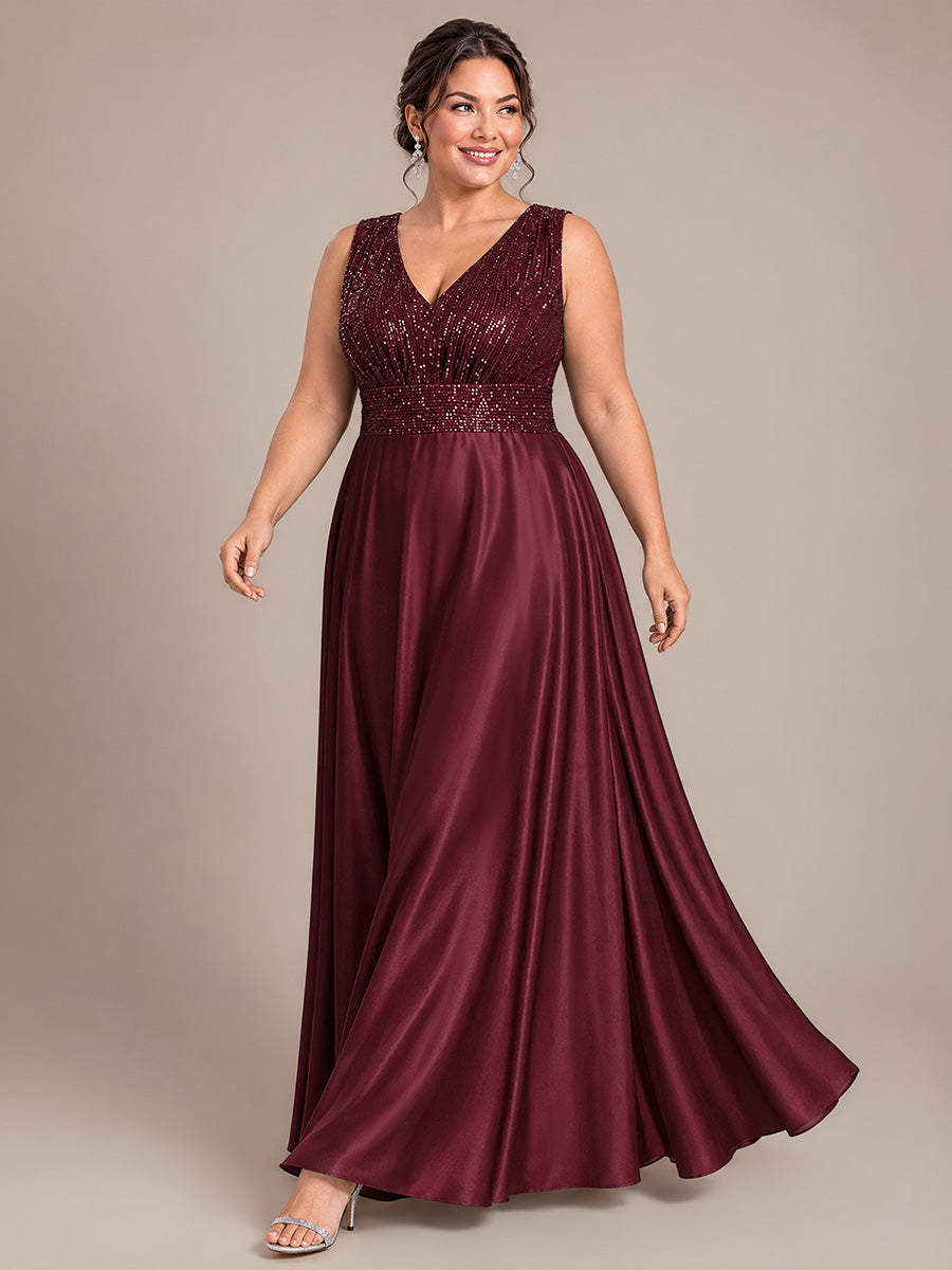Robe A-Line sans manches à décolleté en V maxi longueur avec fermeture éclair au dos en sequins #Couleur_Bordeaux