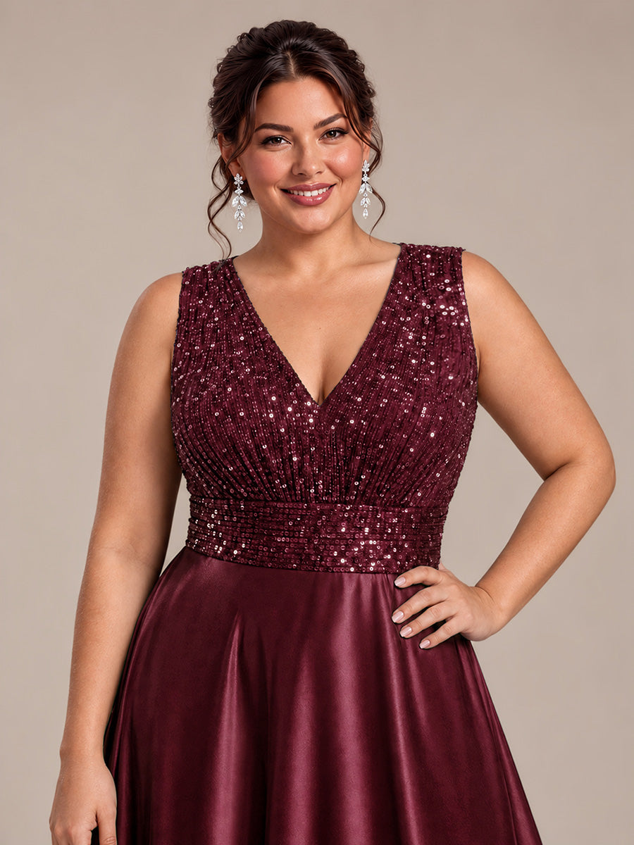 Robe A-Line sans manches à décolleté en V maxi longueur avec fermeture éclair au dos en sequins #Couleur_Bordeaux