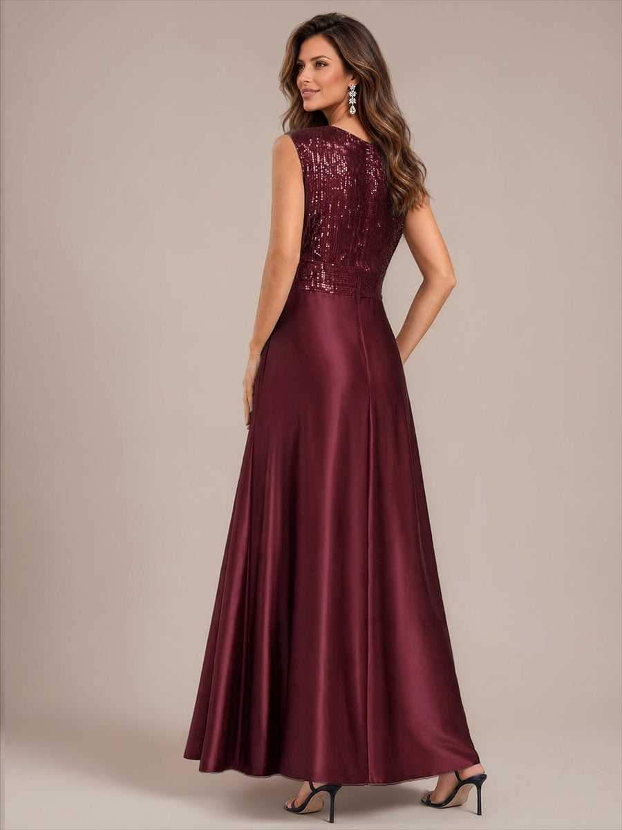 Robe A-Line sans manches à décolleté en V maxi longueur avec fermeture éclair au dos en sequins #Couleur_Bordeaux