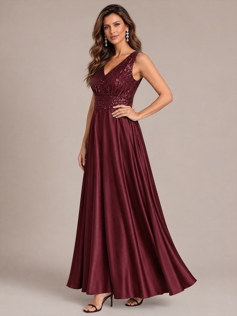 Robe A-Line sans manches à décolleté en V maxi longueur avec fermeture éclair au dos en sequins #Couleur_Bordeaux