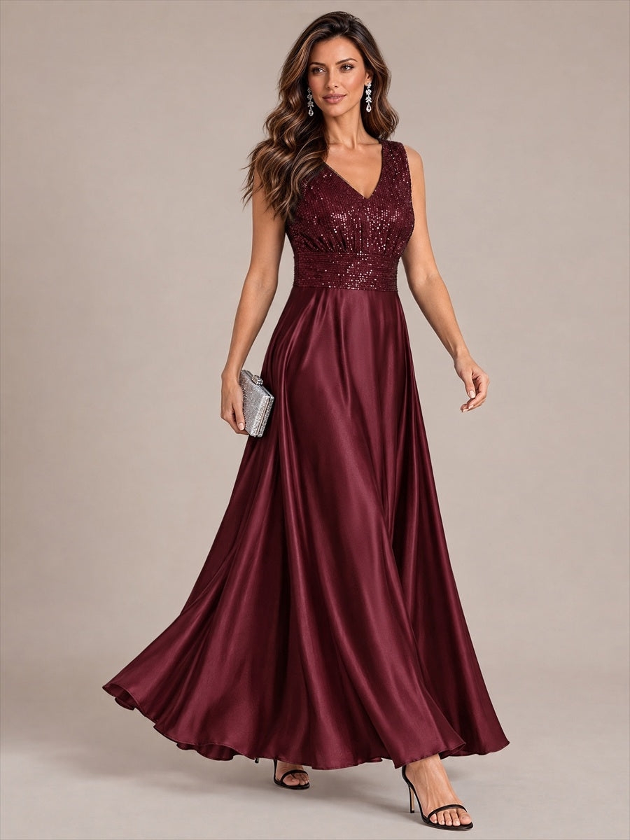 Robe A-Line sans manches à décolleté en V maxi longueur avec fermeture éclair au dos en sequins #Couleur_Bordeaux