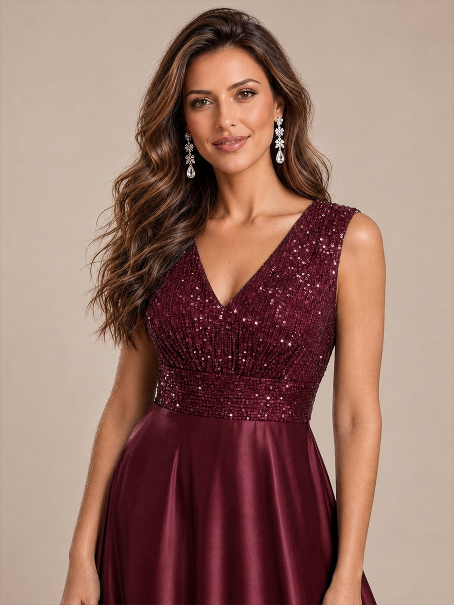 Robe A-Line sans manches à décolleté en V maxi longueur avec fermeture éclair au dos en sequins #Couleur_Bordeaux
