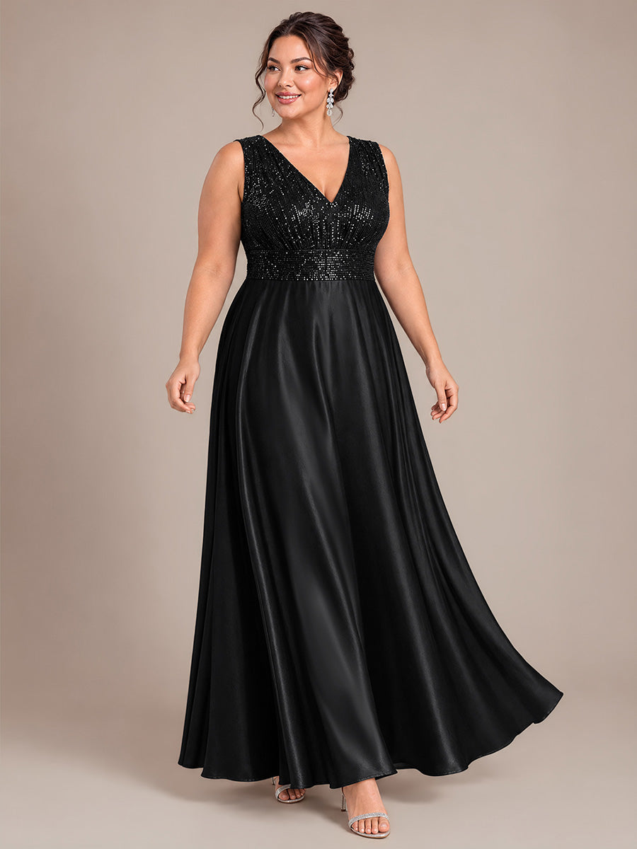 Robe A-Line sans manches à décolleté en V maxi longueur avec fermeture éclair au dos en sequins #Couleur_Noir