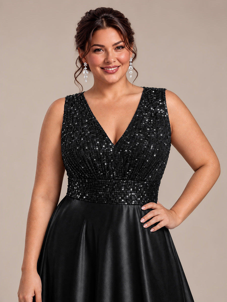 Robe A-Line sans manches à décolleté en V maxi longueur avec fermeture éclair au dos en sequins #Couleur_Noir