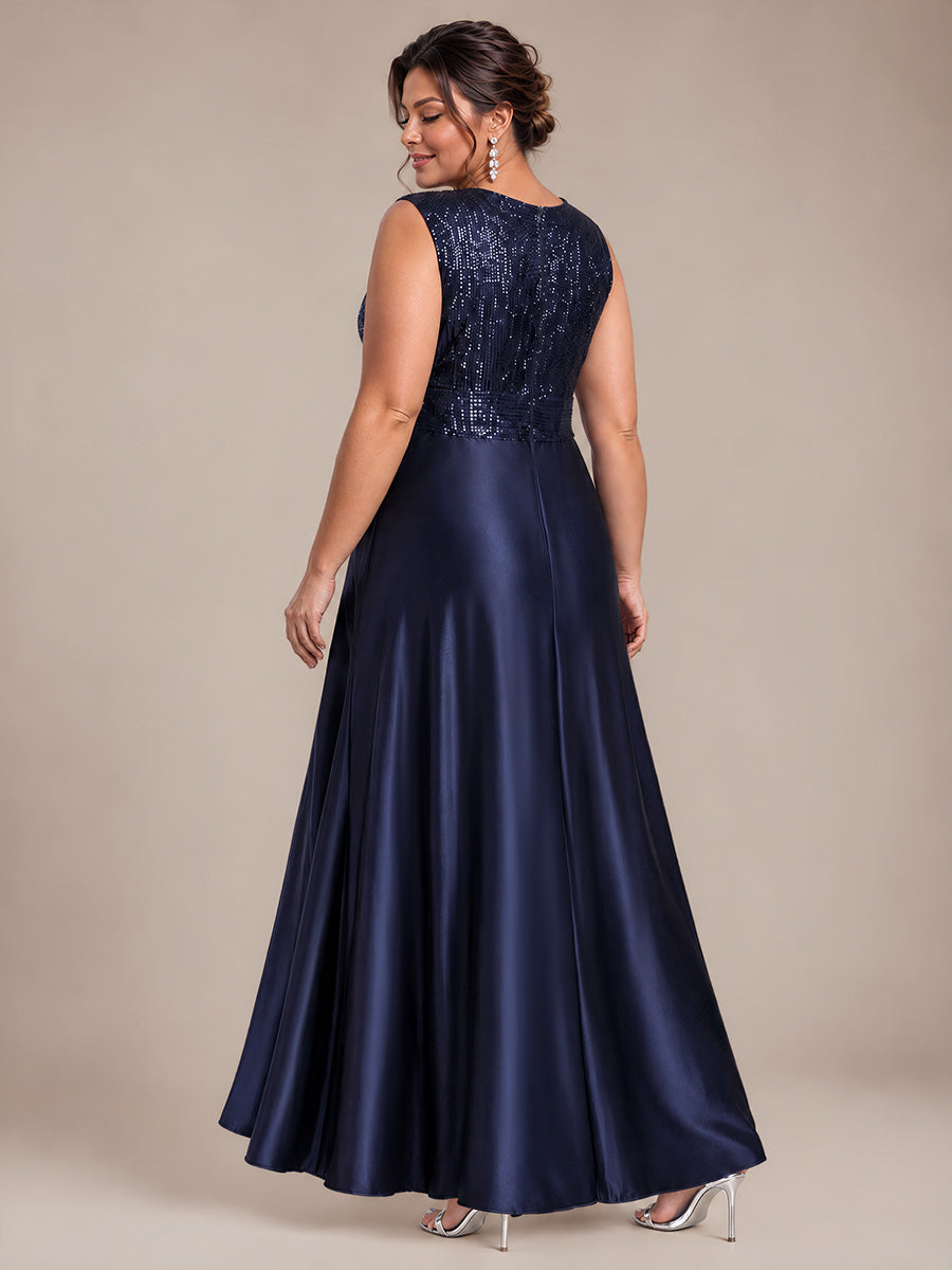 Robe A-Line sans manches à décolleté en V maxi longueur avec fermeture éclair au dos en sequins #Couleur_Bleu Marine
