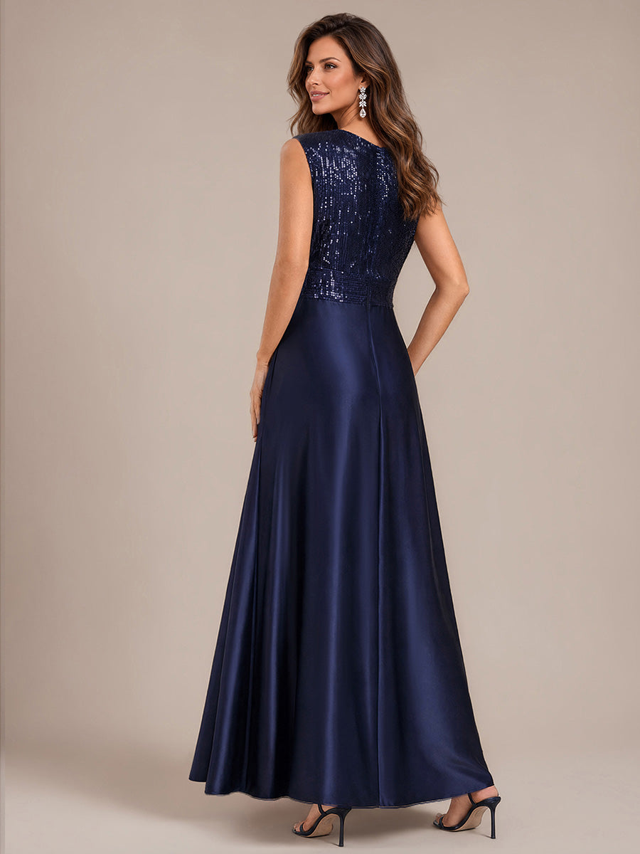 Robe A-Line sans manches à décolleté en V maxi longueur avec fermeture éclair au dos en sequins #Couleur_Bleu Marine