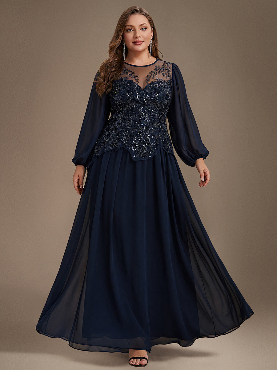 Robe maxi A-line à manches longues avec perles et sequins col rond #Couleur_Bleu Marine