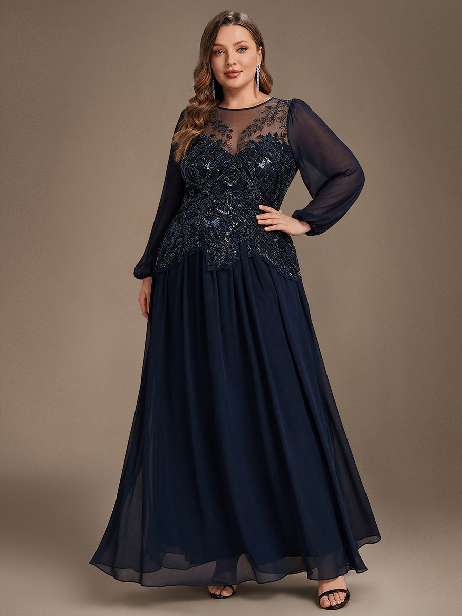 Robe maxi A-line à manches longues avec perles et sequins col rond #Couleur_Bleu Marine