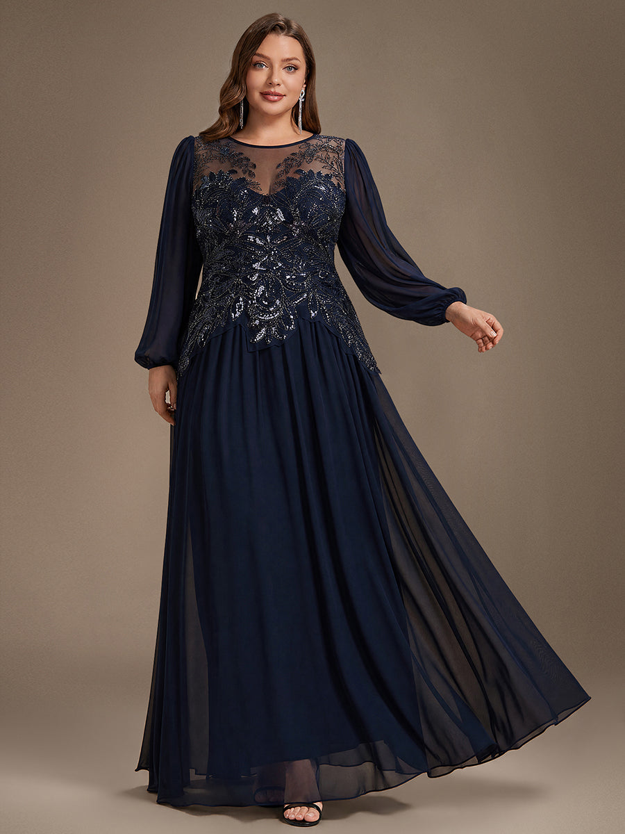 Robe maxi A-line à manches longues avec perles et sequins col rond #Couleur_Bleu Marine