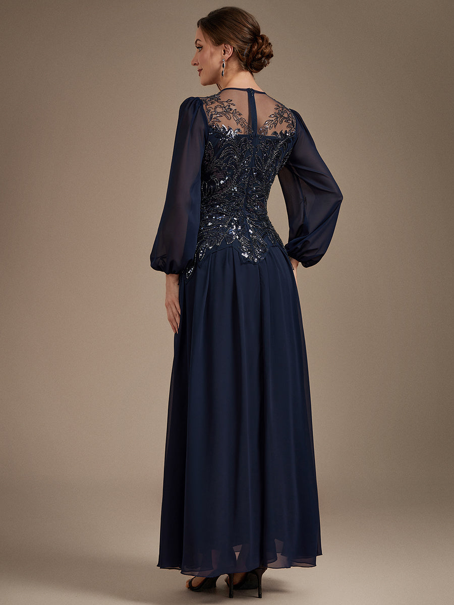 Robe maxi A-line à manches longues avec perles et sequins col rond #Couleur_Bleu Marine