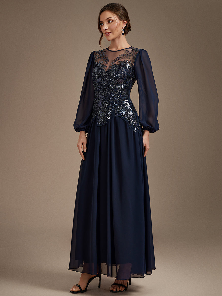 Robe maxi A-line à manches longues avec perles et sequins col rond #Couleur_Bleu Marine