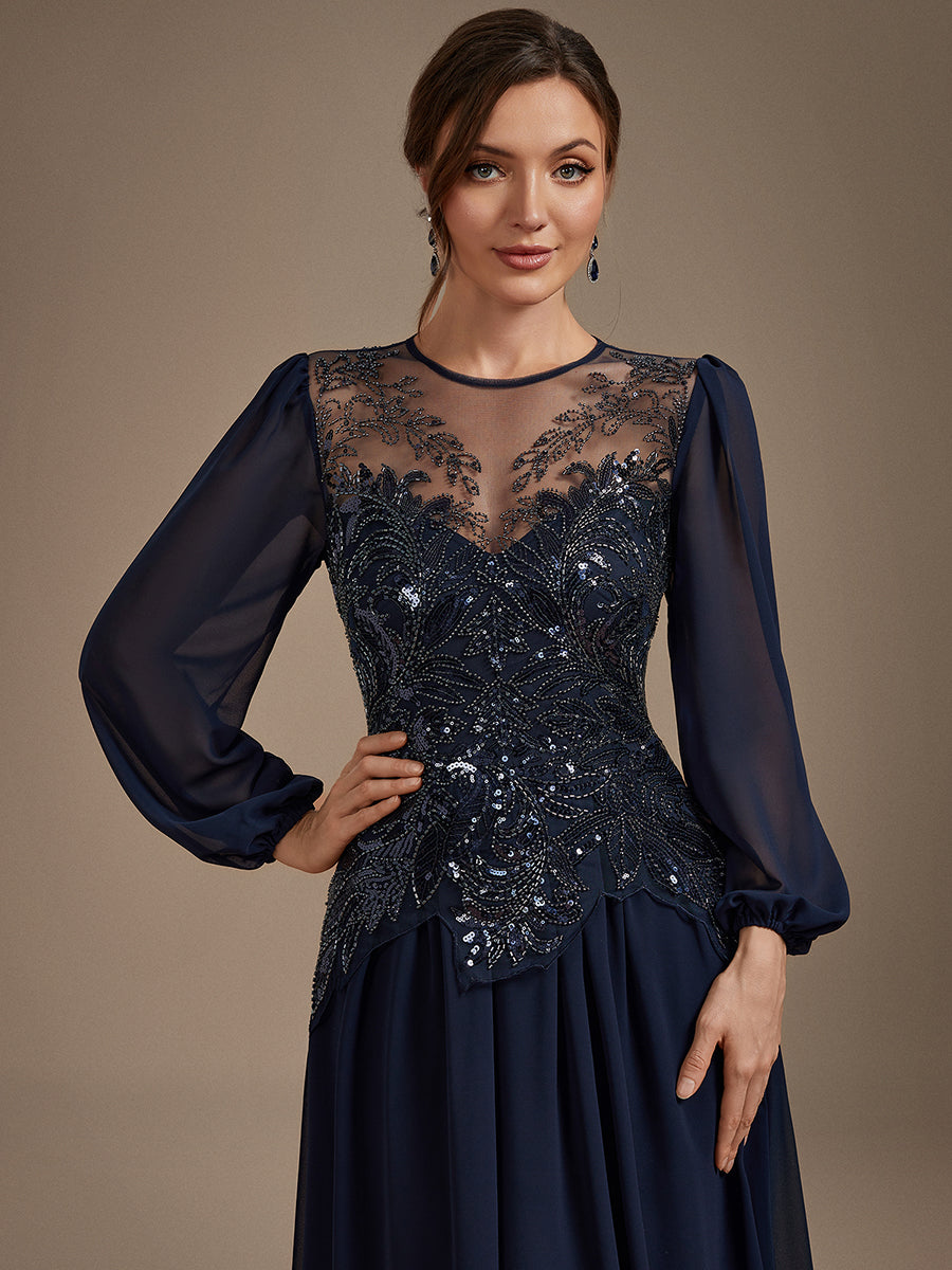 Robe maxi A-line à manches longues avec perles et sequins col rond #Couleur_Bleu Marine