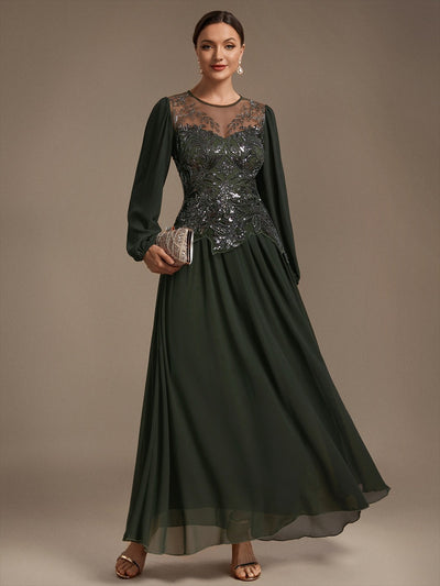 Robe de soirée longue en tulle à col rond, manches longues et paillettes