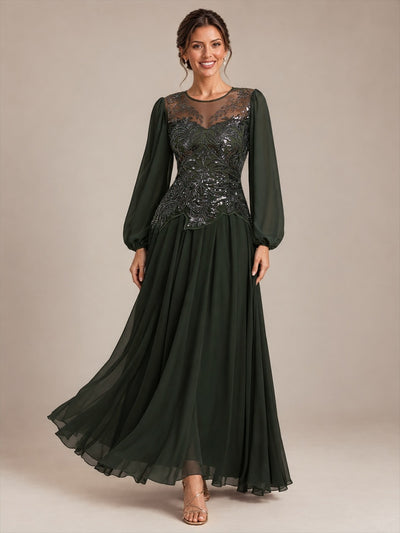 Robe de soirée longue en tulle à col rond, manches longues et paillettes