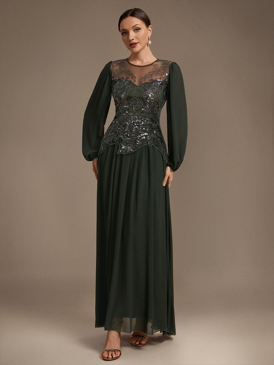Robe maxi A-line à manches longues avec perles et sequins col rond #Couleur_Vert Olive