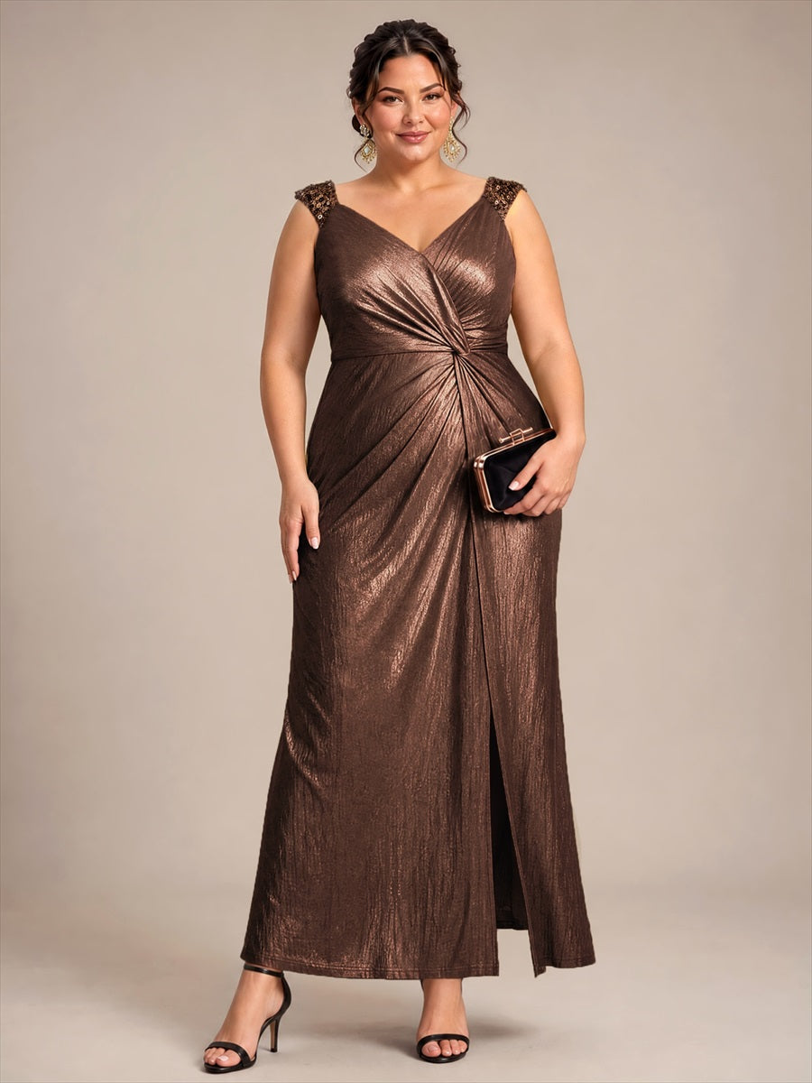Jersey Ajustée Col V Sans Manches Robe de Soirée #Couleur_Marron chocolat
