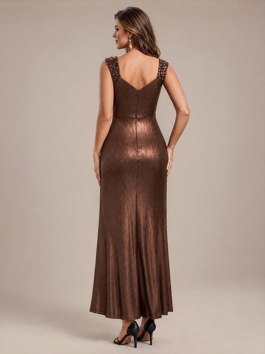 Jersey Ajustée Col V Sans Manches Robe de Soirée #Couleur_Marron chocolat
