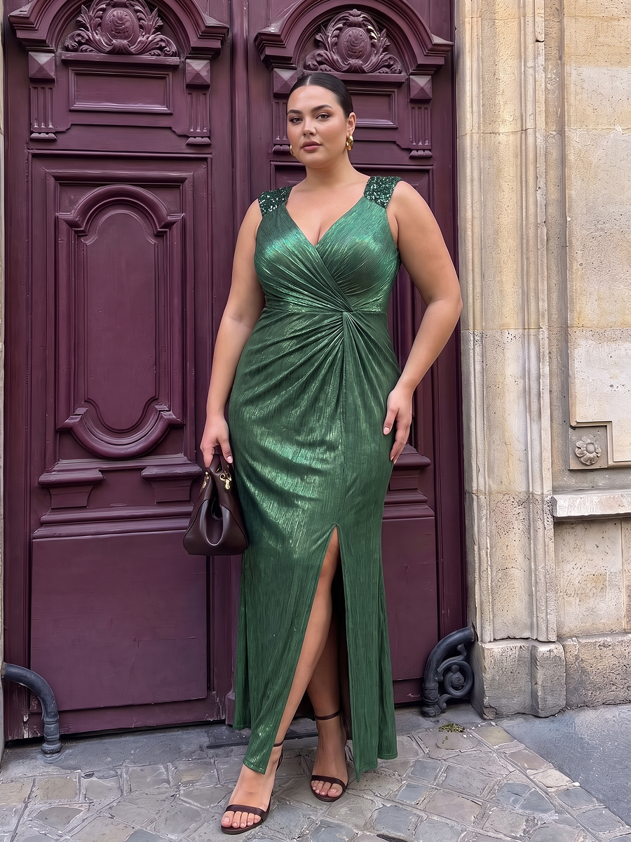 Jersey Ajustée Col V Sans Manches Robe de Soirée #Couleur_Vert Fonce