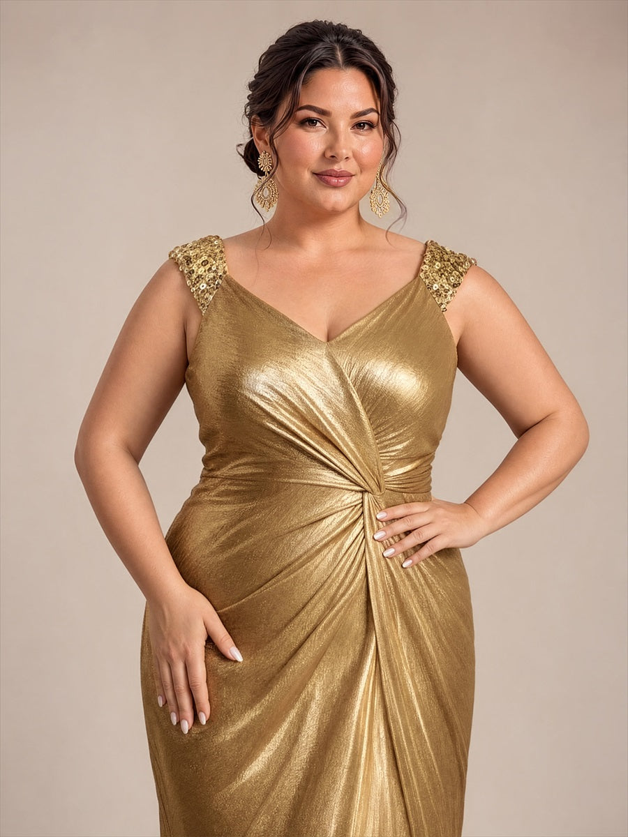 Jersey Ajustée Col V Sans Manches Robe de Soirée #Couleur_Dorée