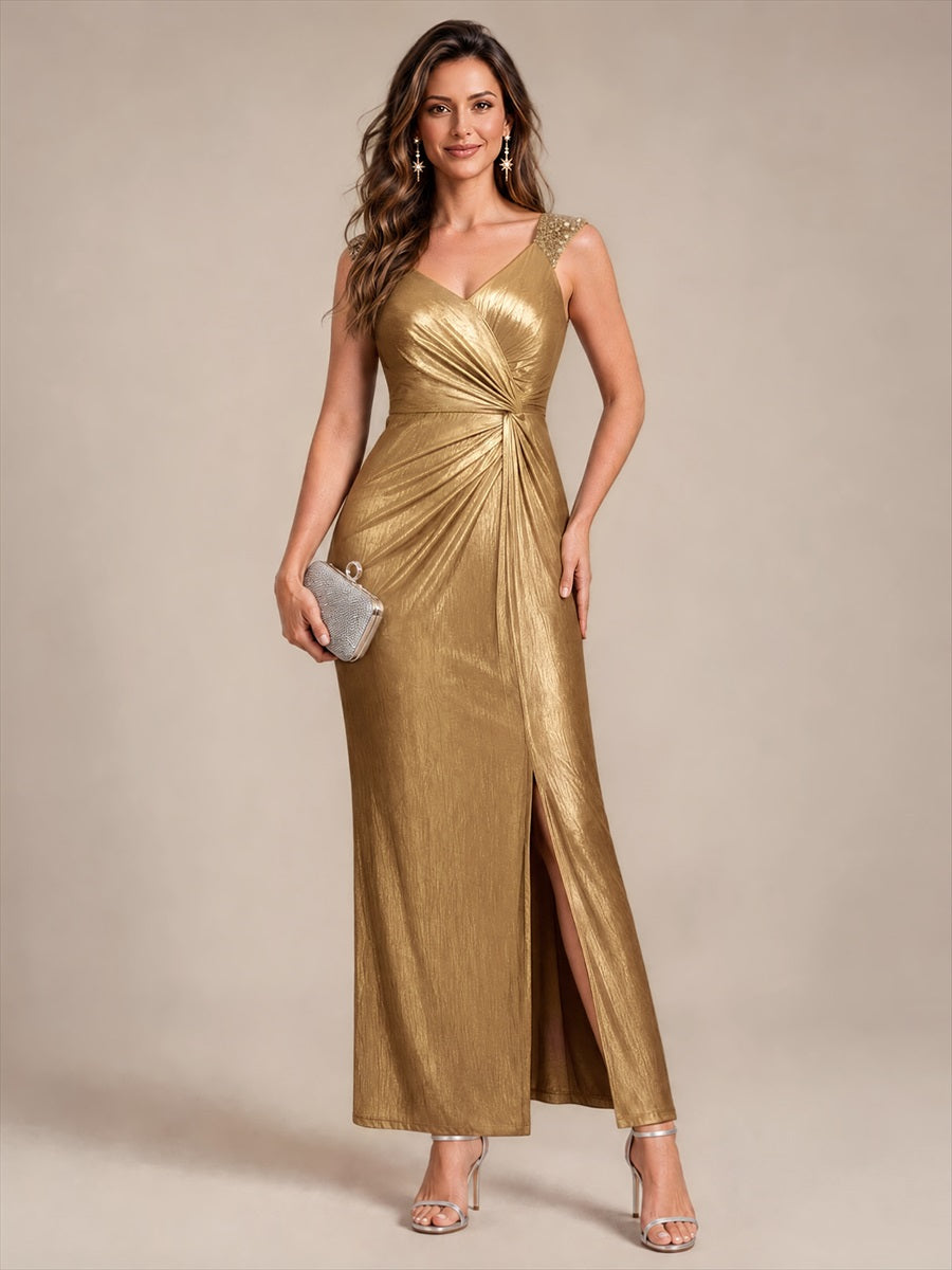 Jersey Ajustée Col V Sans Manches Robe de Soirée #Couleur_Dorée